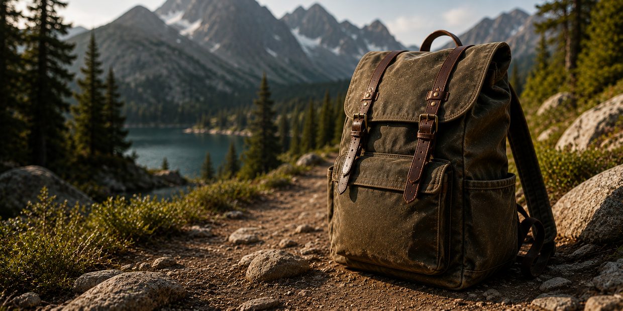 A waxed canvas rucksack on a mountain trail above an alpine lake
